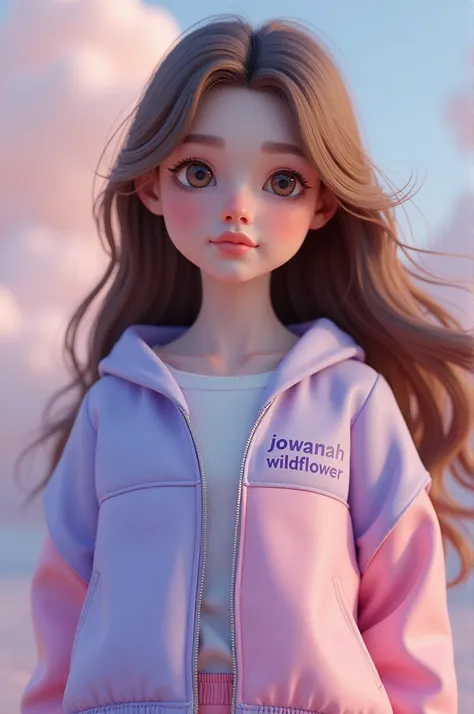 3D A girl with long brown hair and wearing a half light lavander half pastel pink jacket that says “jowanah  WILDFLOWER”