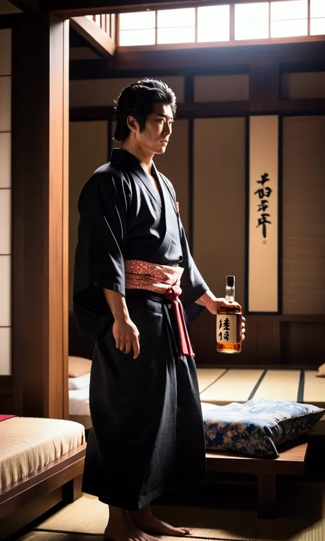 alpha male (Hanma Yūjirō, YujiroHanma, trademark build and look, wearing an open japanese yukata and black trunks) is leaving a bedroom drinking from a whiskey bottle
