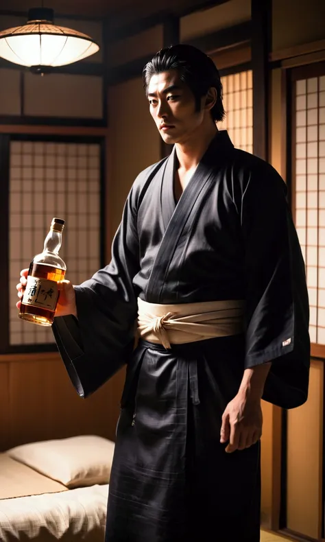 alpha male (Hanma Yūjirō, YujiroHanma, trademark build and look, wearing an open japanese yukata and black trunks) is leaving a bedroom drinking from a whiskey bottle
