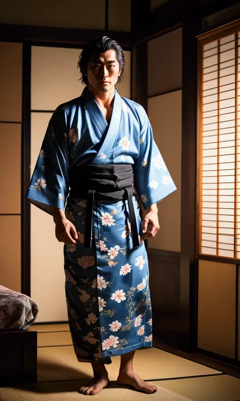 alpha male (Hanma Yūjirō, YujiroHanma, trademark build and look, wearing an open japanese yukata and black trunks) is leaving a bedroom drinking from a whiskey bottle
