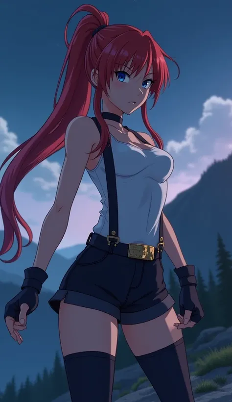   woman, ponytail, long  red hair, strong body, navy blue eyes,  angry expression , white tank top, black shorts with suspender belt, black thigh-high socks, on a mountain at night  [[[  high quality ]]][[[ tall details ]]] Ultra HD,   High resolution , an...