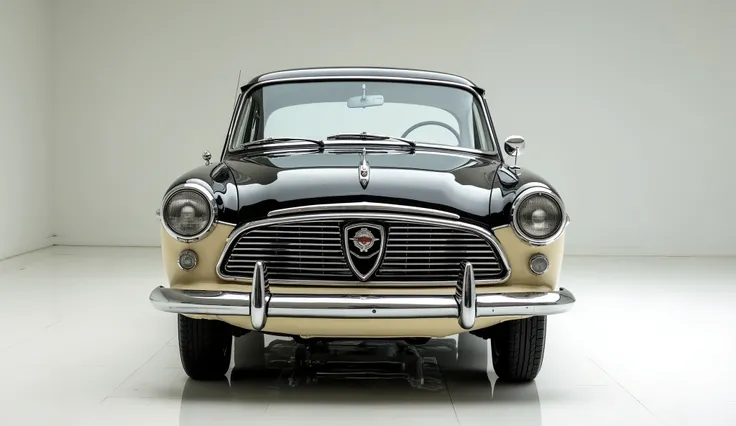 Front view of a 1958 Ambassador in a cream and black duo-tone color scheme, with a glossy black roof and creamy lower body. The car features a rounded hood, chrome-finished grille, classic circular headlights, and vintage detailing. It is displayed in a lu...