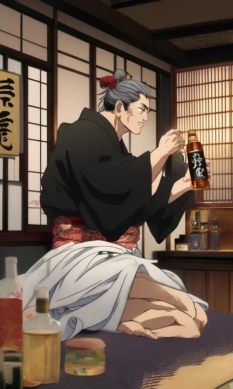 alpha male (Hanma Yūjirō, YujiroHanma, trademark build and look, wearing an open japanese yukata and black trunks) is leaving a bedroom drinking from a whiskey bottle
