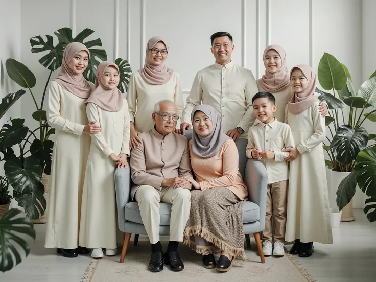 A stunning and cohesive family portrait of an Indonesian family of seven members, all dressed in cream colored Muslim clothing and Sharia long dresses. The women elegantly wear hijabs, adding a touch of modesty to the ensemble. The family is gathered in a ...