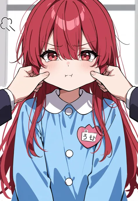 1girl, , long hair, red hair, middle parted long bangs, red eyes, pouting, tears, cheeks pinching, pink kindergarten uniform, sketch