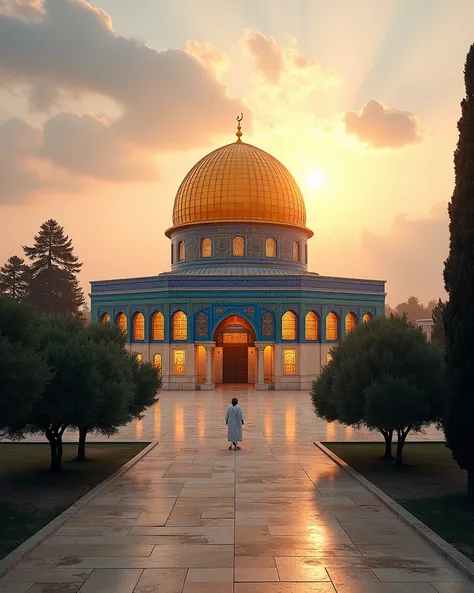 "A breathtaking view of the Al-Aqsa Mosque and the Dome of the Rock in Jerusalem, illuminated under a soft, golden sunrise. The iconic golden dome glows brightly, surrounded by intricate architectural details, including the beautiful Islamic geometric patt...