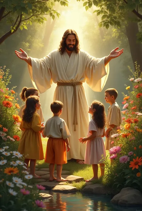 Scene about Jesus loves we are so much.s,girls and boys.background in amazing garden