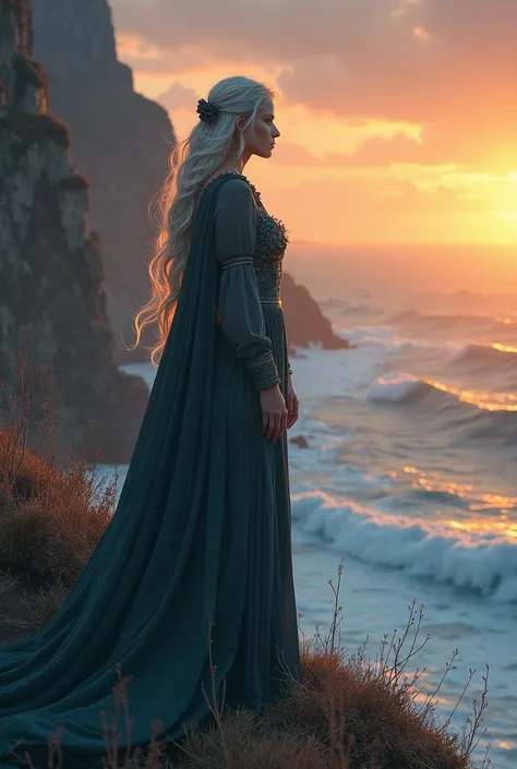 One day, as Cael surfaced during a rare winter sunset, he saw her—Merliah. a woman whose very presence seemed to glow. She stood alone on the cliffs, her silver hair flows in waves that caught the fading light, her eyes filled with a mistycal mourning. Cae...