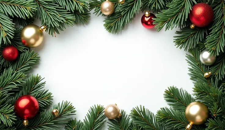 christmas frame with christmas tree branches and balls on white background