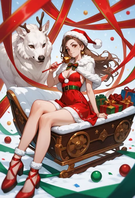 score_9, score_8_up, score_7_up, one woman, medium breasts, adult female, long brown hair, brown eyes, light skin, festive outfit, Santa lingerie dress, white fur trim, sitting in sleigh with colorful presents around