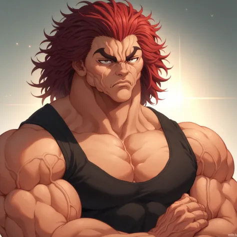 score_9, score_8_up, score_7_up, YujiroHanma, 1boy, male focus, solo, black shirt,muscular male, red hair, manly, veins, pupils, brown eyes, dynamic lighting, extremely detailed,portrait, serious expression,very veiny,glare,