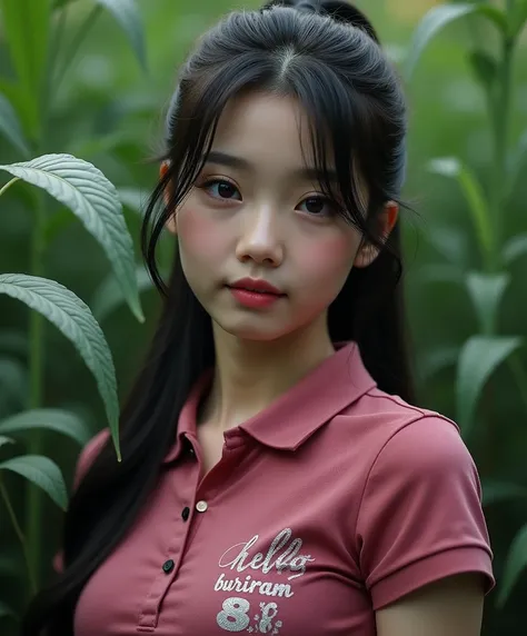  close-up of a young Asian girl with a round face,  sparkling portland skin , IN A DARK PINK POLO COLLAR DRESS,  Graphic print  "hello Buriram 88 "  dress,  Very big chest size , This 38-inch chest-size , Black hair,  Ponytail,  Extra-long hair 2 meters,  ...