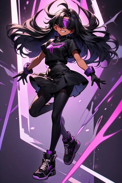 1 women,  long colet style black hair , "black blindfold", sharp smile,"purple gloves",black short sleeve shirt, short black skirt with purple lines on the edge,  black sneakers with purple touches ,purple background chains ,  dark skin ,((High quality 4k)...