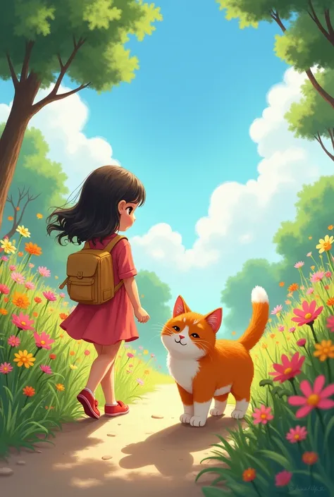  1 Little  girl walked deeper into cat heaven, many flowers of colorful flowers bloom , and clear skies. Then she met her cat ,  fat and cute orens colored cat shining in the distance , the cat smiles and approaches using its 4 legs.