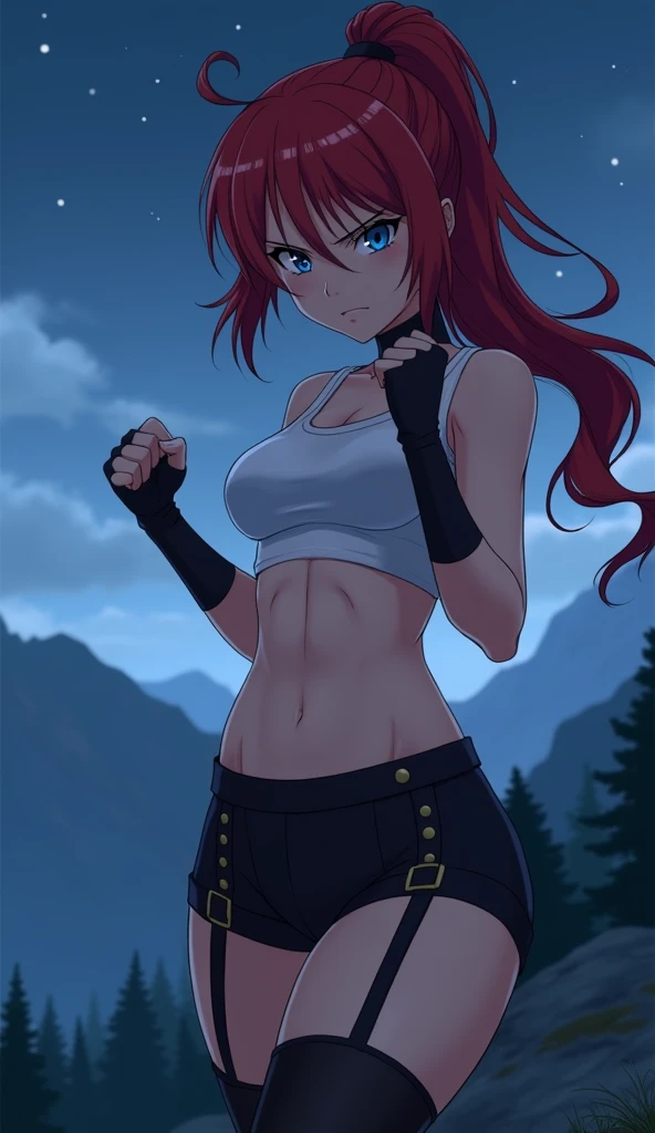   woman, ponytail, long  red hair, strong body, navy blue eyes,  angry expression , white tank, black shorts with, black thigh-high socks with garter belt, black choker, on a mountain at night  [[[  high quality ]]][[[ tall details ]]] Ultra HD,   High res...