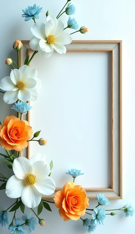 Create a photo frame with several white flowers, light blue and orange 