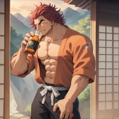 alpha male (Hanma Yūjirō, YujiroHanma, trademark build and look, wearing an open japanese yukata and black trunks) is leaving a bedroom drinking from a whiskey bottle, swagger
