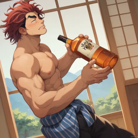 alpha male (Hanma Yūjirō, YujiroHanma, trademark build and look, wearing an open japanese yukata and black trunks) is leaving a bedroom drinking from a whiskey bottle, swagger
