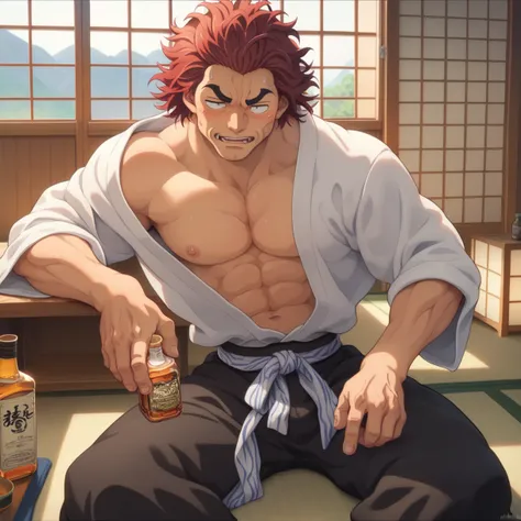 alpha male (Hanma Yūjirō, YujiroHanma, trademark build and look, wearing an open japanese yukata and black trunks) is leaving a bedroom drinking from a whiskey bottle, swagger
