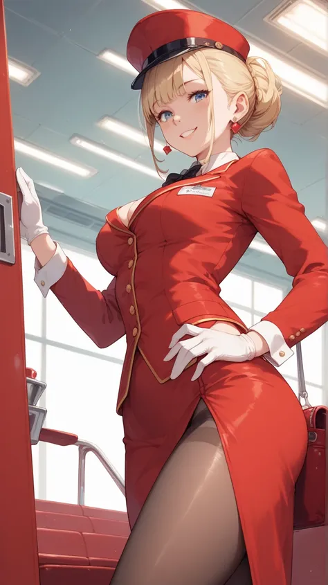 A beautiful female airline hostess with thick thighs and blonde hair, wearing a red hostess uniform, pantyhose, and a red pillbox hat, standing in the aisle seat inside the airplane, greet with a smile