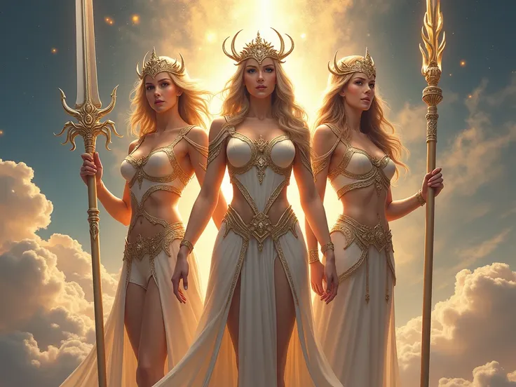 Three cool and beautiful goddesses are posing with weapons