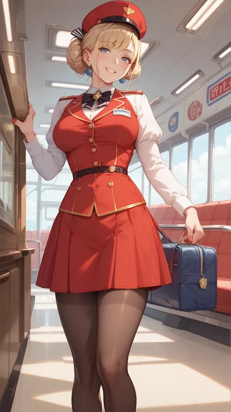 A beautiful female airline hostess with thick thighs and blonde hair, wearing a red hostess uniform, pantyhose, and a red pillbox hat, standing in the aisle seat inside the airplane, greet with a smile