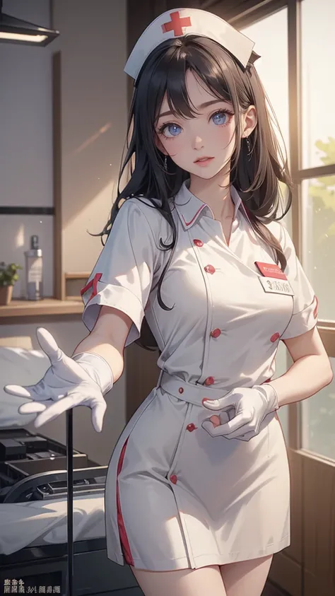 ((  Masterpiece , 最 High Quality ,  High Quality )), one girl,  Beautiful Mature Woman ,(hospital), clinic (nurse_uniform_length_3, Gloves, nurse cap, nurse,), Erotic , excited , small breast