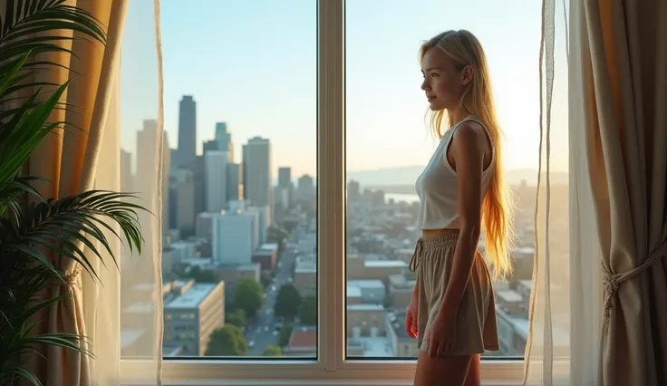  High quality. A real girl with 18 years old and has beyond floor length blonde hair and see her "whole" body standing on the right of floor to ceiling window, must see her whole body. The scenario of window shows summer city in Seattle city, US. This grap...