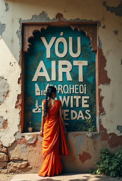 A poster on a deserted exterior wall, Cut into the shape of letters, (text:" NISHA SARANG ") The word, Big Bold, Draw inside the cutout, BREAK Art that inspires creators to create images, An aesthetic world that unfolds behind the characters, Add text to t...