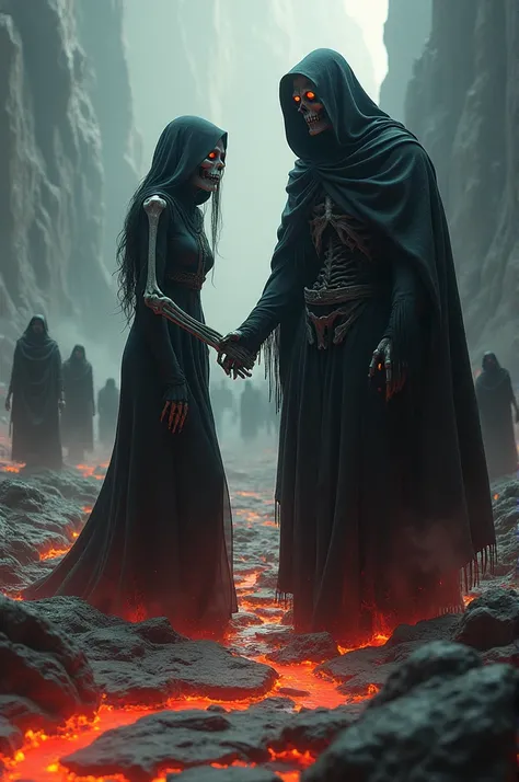 Grim Reaper walking the land of Hades, a Beautiful, 
half Sceletal  Screaming Banshee in front of him,  taking her by hand back to hell , rivers of lava, lost souls walking around, 
Digital Quality Clear camera Picture, Realistic looking photo, 3D 