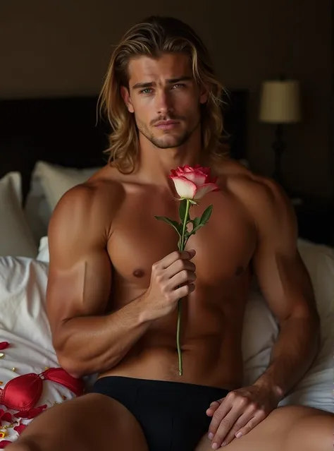 Muscular and handsome young Swedish hunk posing during night. Hes wearing a black underwear. His one hand is holding a flower. His background is a bed with petals of flowers. He has a long hair. There is a red lingerie in the bedm