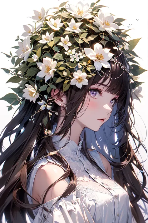 (masterpiece:1.2), highest quality,The middle of a journey,
1 girl, alone, long hair,   very long hair, bangs, (white background:1.4), white shirt, purple eyes,   hair flower, evening dress
