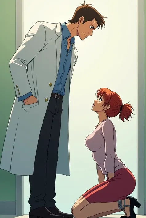 Tall and thin man, doctor, standing, proud, arrogant,  short brown hair  , looking down at a redheaded ponytail kneeling on the floor big boobs fitness secretary handcuffed proud but humiliated submissive anime tsundere watching him submissively kneeling b...