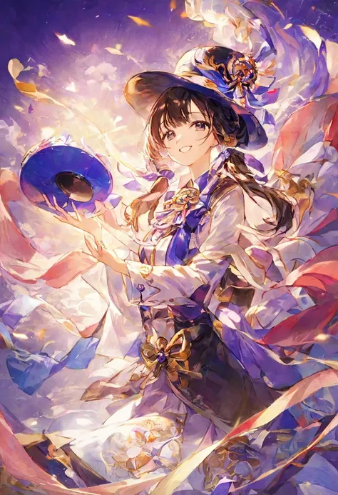 1 girl、magician、smile、Holding a silk hat with both hands