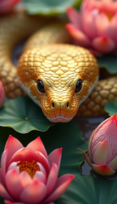 Enveloped by many lotus flowers、Realistic snake、Only the face、 looking at camera、 Zoom Up 、A snake with a golden body、カラフルな蓮の花