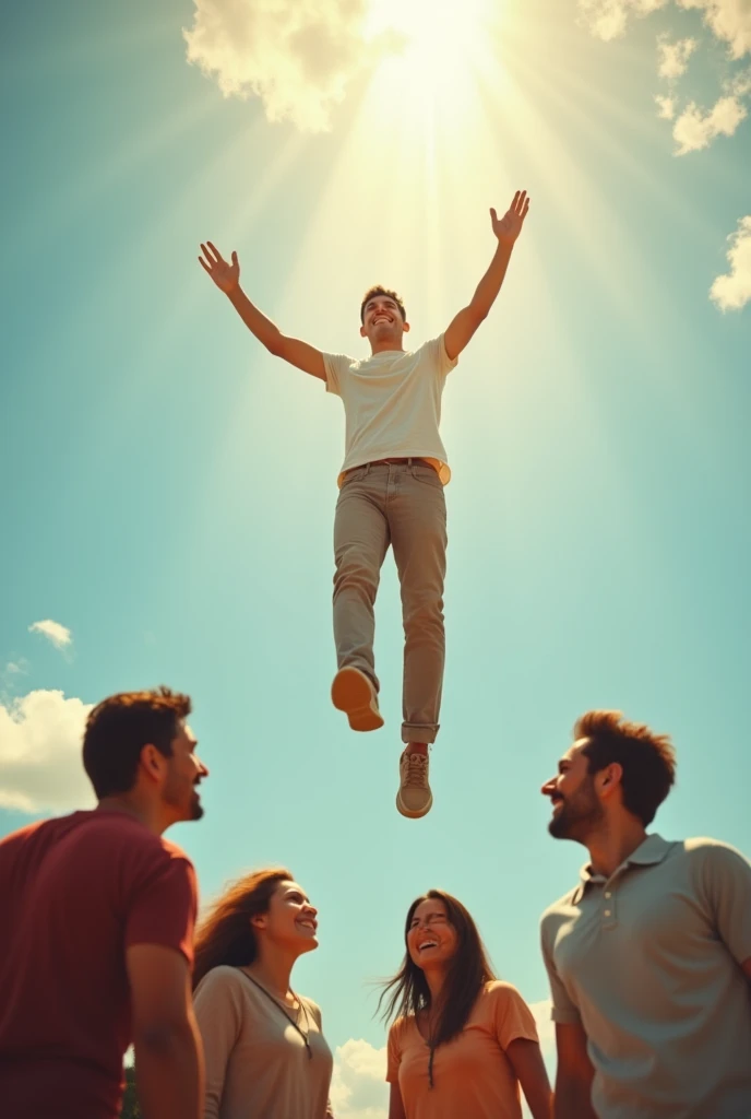 Real photo of a young man entering the sky leaving behind his relatives who see him leaving in a sky blue atmosphere of love and happiness with faces of joy 