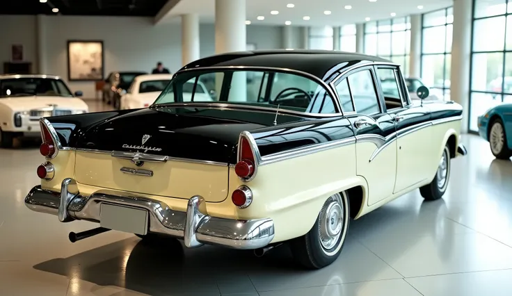 High rear angle view of a 1958 Ambassador in a cream and black duo-tone color scheme, featuring a glossy black roof, creamy lower body, rounded rear, chrome details, and retro tail lights. The car sits in a bright luxury showroom, with soft lighting enhanc...