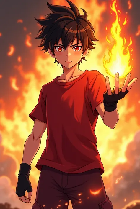 A 14-year-old anime boy wearing a red t-shirt, burgundy, burgundy and burgundy shorts has red eyes, wore gloves, has some muscles, and used fire magic and a serious expression.