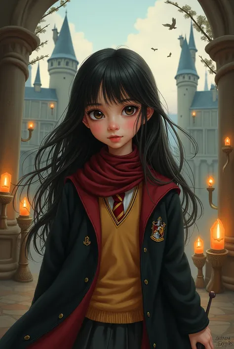 Drawing of a girl with long black hair and wearing Harry Potter-themed clothes 