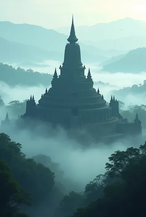 Illustration of Borobudur temple surrounded by thick fog in the morning 