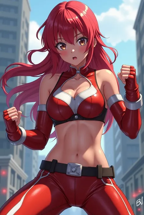 My Hero Academia Style , Anime girl, female, young female ,Full Body Shot,(fighting pose:1.3),Long hair, Red Hair,  Brown Eyes,Hero Suit, Full Body Suit, red suit with white details, perfect anatomy,  Enhanced Abs,super detailed,(Buildings:1.2）