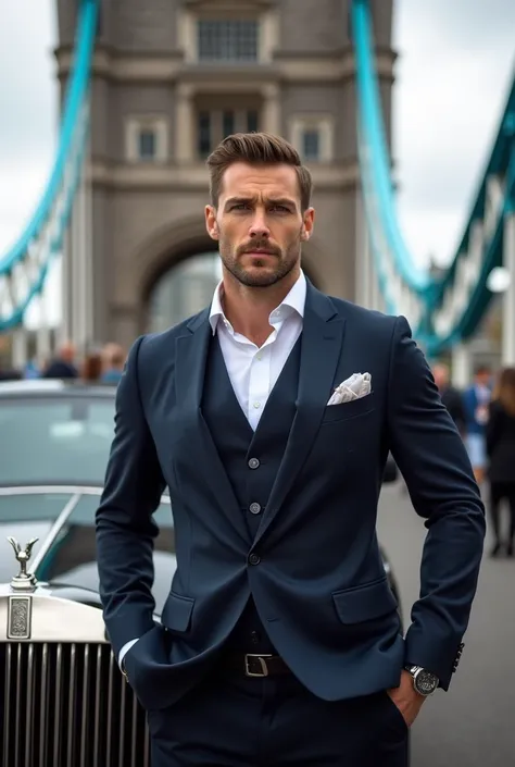 A gentleman wearing suit, behind a luxury car , standing in London bridge 