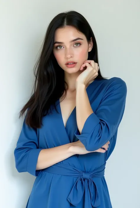 A beautiful Russian female model with long, straight, neat black hair. She is 18 years old with a face resembling someone from Russian. She is wearing  a blue wrap dress. She has cream-colored eyeshadow and soft pink lipstick. She has a quiet, indifferent,...