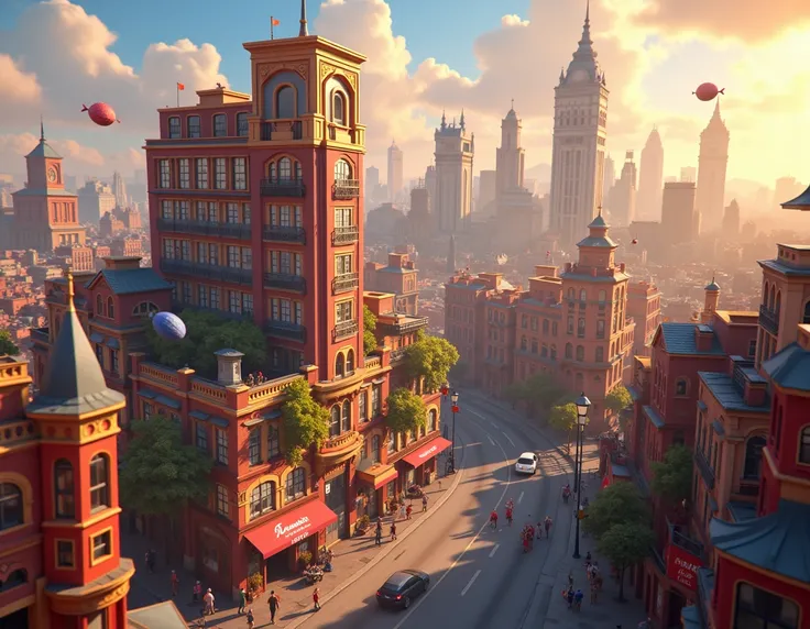 Pixar style screen features an establishing shot displaying a vast cityscape, with the C-Factor building centered and serving as the focal point.