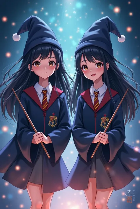 Drawing of two twin girls with long black hair dressed in the Harry Potter theme with the Harry Potter hat and a wand around them has stars