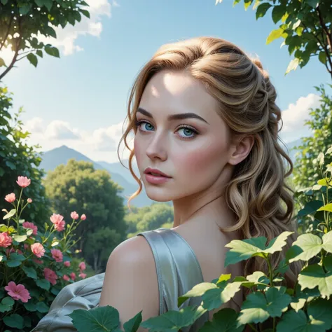 (masterpiece), cinematic hyperrealistic portrait of a breathtaking woman, mesmerizing emerald eyes, soft intricate skin textures glowing under diffused sunlight, perfectly symmetrical face, golden auburn cascading hair, flowing silk dress accentuating a se...