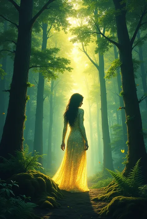 paint, Silhouette of a woman made of light, forest