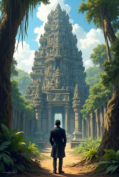 Illustration of Sir Thomas Stamford Raffles discovering the temple