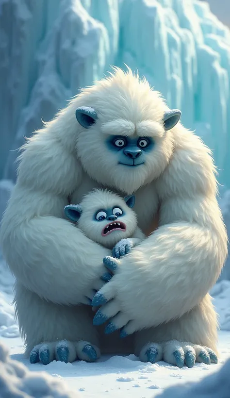 Father yeti cradles the baby yeti against his chest, his massive arms wrapped protectively around the tiny figure. The baby’s round face, tear-streaked, now shows relief as he snuggles into the warm fur of his father. Snow dusts both of their fur, and fath...