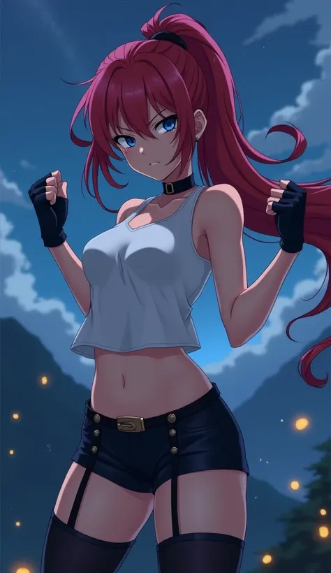   woman, ponytail, long  red hair, strong body, navy blue eyes,  angry expression , white sleeveless, black shorts, black thigh-high socks with garter belt, black choker, black gloves, on a mountain at night  [[[  high quality ]]][[[ tall details ]]] Ultra...